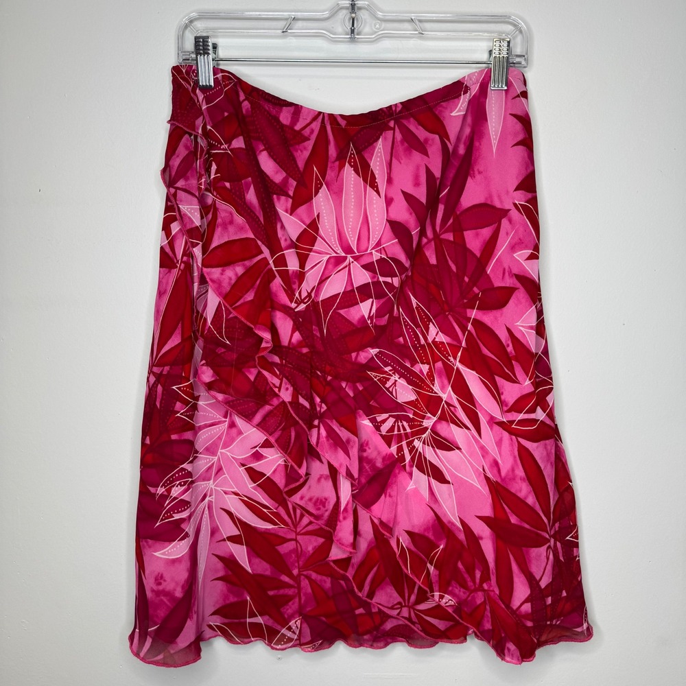 Worthington Womens Pink Red Tropical Leaf Print Ruffle Midi Skirt Size 16 Y2K